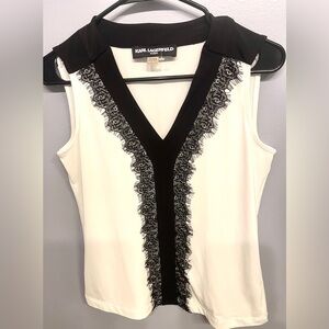 Karl Lagerfeld EUC Tan Top white & black accents/lace Sz XS/S